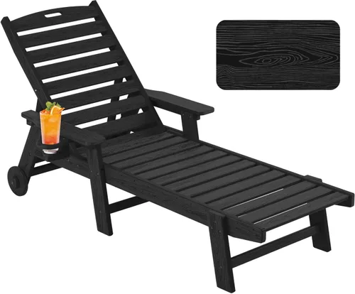 Vista 9 de Chaise Lounge Chair al aire libre con ruedas, silla de patio de gran tamaño con textura de madera, silla de plástico de 5 posiciones para piscina