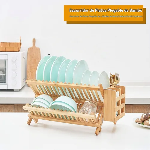 Vista 2 de Escurridor de platos de bambú, estante plegable de 2 niveles con soporte para utensilios, estante de secado de platos de madera para encimera