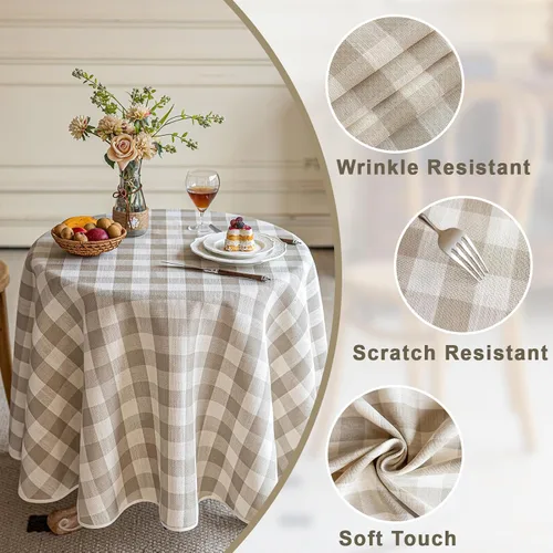 Vista 3 de Alsoo Mantel redondo de cuadros beige de 60 pulgadas, mantel circular a cuadros, lavable, sin arrugas, de lino y algodón, para picnic, cocina