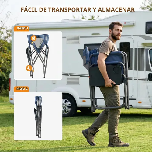 Vista 8 de Portal Silla de director plegable con mesa auxiliar giratoria de 2 vías, silla de campamento resistente de 300 libras con bandeja giratoria y Azul