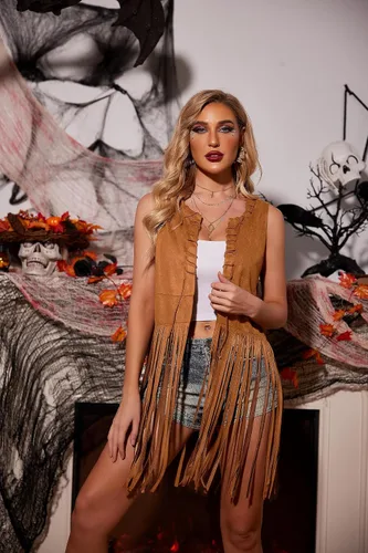 Vista 4 de HOTOUCH Women Fringe Vest 70s Hippie Costume Faux Suede Sleeveless Tassels Cardigan Cowgirl Western Tops