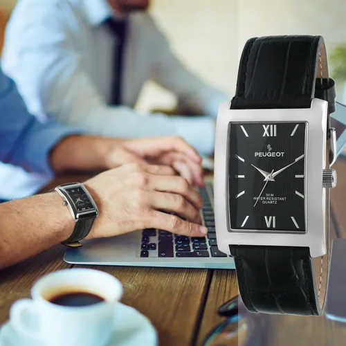 Vista 2 de Peugeot Reloj de pulsera para hombre con esfera de números romanos con textura rectangular y correa de cuero