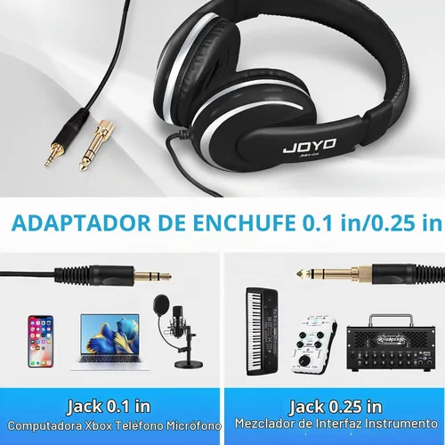 Vista 2 de JOYO Auriculares de estudio con cable con conector de 1/4 a 0.1 in para amplificador de guitarra, teclado, grabación, podcast, DJ, computadora