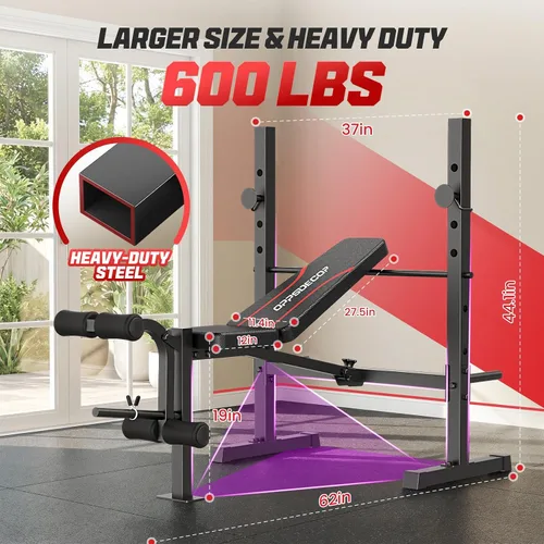 Vista 4 de OPPSDECOR Juego de banco de pesas, banco ajustable multifunción para press de banca con rack para sentadillas, extensión de piernas y curl