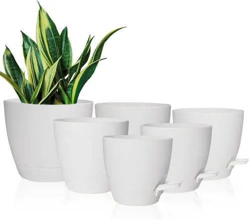 Vista 8 de Vanslogreen Macetas Paquete de 5, Macetas de 7/6.5/6/5.5/5 Pulgadas de Riego Automático con Agujeros de Drenaje para Plantas de Interior, Macetas