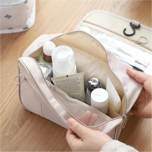 Vista 9 de Neceser de viaje – Pequeño organizador colgante de baño y cosméticos para hombres y mujeres – Bolsa de viaje para artículos de tocador, Beige