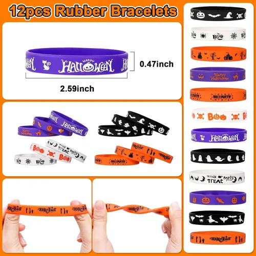 Vista 5 de MGparty Paquete de 288 regalos de fiesta de Halloween, juguetes a granel para niños, sellos de tatuajes, pulseras de goma, pulseras de goma