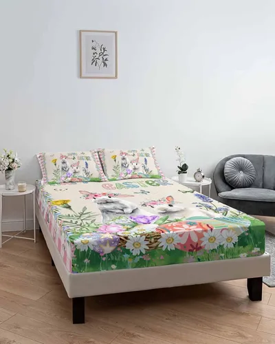 Vista 6 de Happy Easter - Juego de sábanas bajeras tamaño individual con diseño de conejo floral con mariposa, 2 sábanas y fundas de almohada, 1 colcha Beige