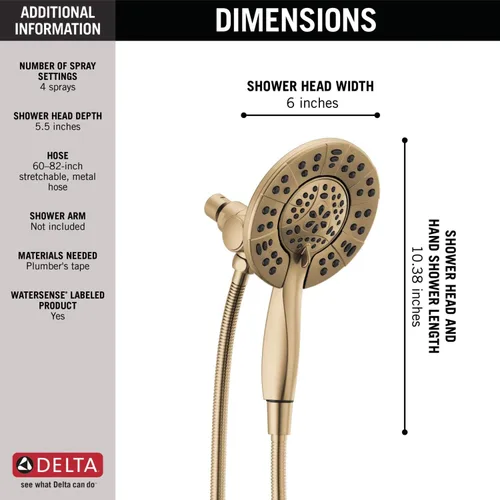 Vista 5 de Delta In2ition - Cabezal de ducha doble 2 en 1 de 4 ajustes con rociador de mano, cabezal de ducha desmontable de oro cepillado con manguera Bronce