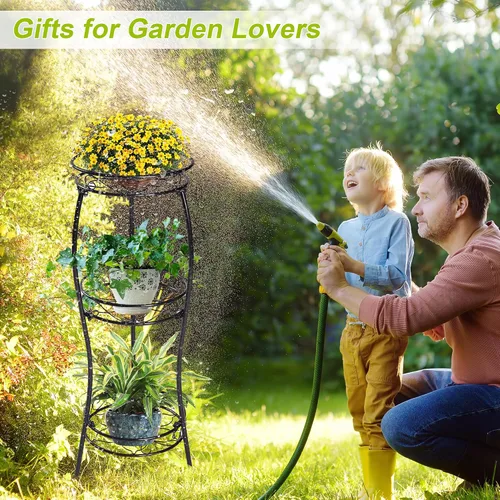 Vista 2 de VECELO Soporte de metal para plantas de 3 niveles para interiores, resistente al óxido, estable de 33.8 pulgadas de alto, soporte decorativo