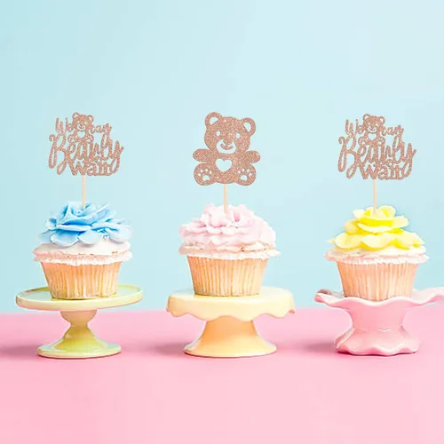Vista 6 de Rsstarxi Paquete de 24 Adornos para Cupcakes We Can Bearly Wait con Purpurina de Oso para Baby Shower, Palillos Decorativos para Cupcakes