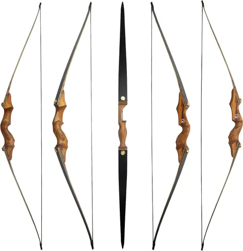 Vista 4 de Oubert Arco largo de 60 pulgadas con tiro con arco de 20 a 60 libras, arco largo de madera para mano derecha, con silenciador de cuerda y 45 libras