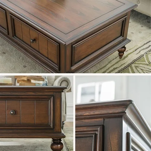 Vista 3 de Mesa auxiliar para sofá de sala de estar, mesa auxiliar clásica de madera con cajón, mesa de centro rústica rectangular de 49.6 pulgadas en nogal