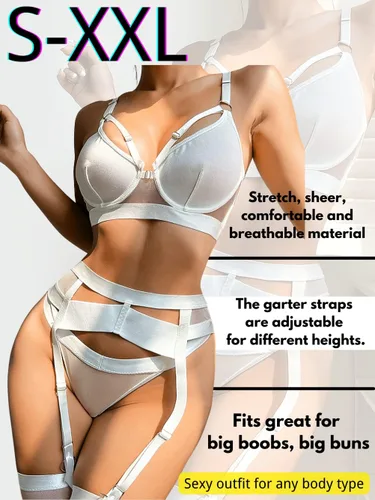 Vista 159 de Kaei&Shi - Lencería con liguero para mujer, conjunto de encaje traslúcido y sexy de 4 piezas combinadas