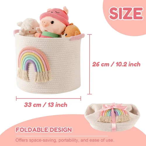 Vista 5 de Cestas de almacenamiento de juguetes cesta de almacenamiento de cuerda de algodón tejida con decoración de arco iris para niños, cestas de manta