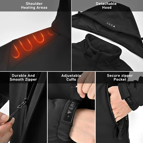 Vista 4 de EAY Mens Heated Jacket with Battery Pack 7.4V and Detachable Hood, Rechargeable Waterproof Eletric Heated Coat for Men