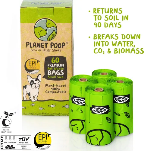Vista 2 de PLANET POOP Home Bolsas compostables para excrementos de perro para mascotas pequeñas, 60 bolsas de basura de perros de tamaño mini con asas, bolsa