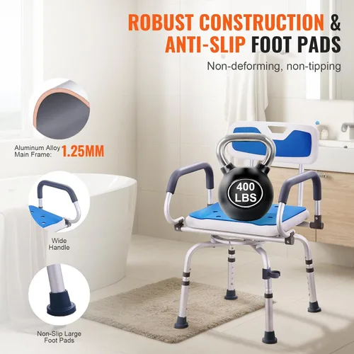 Vista 4 de VEVOR Silla de ducha giratoria de 360 grados, asiento de ducha ajustable con brazos giratorios para duchas o bañeras interiores, silla de ducha