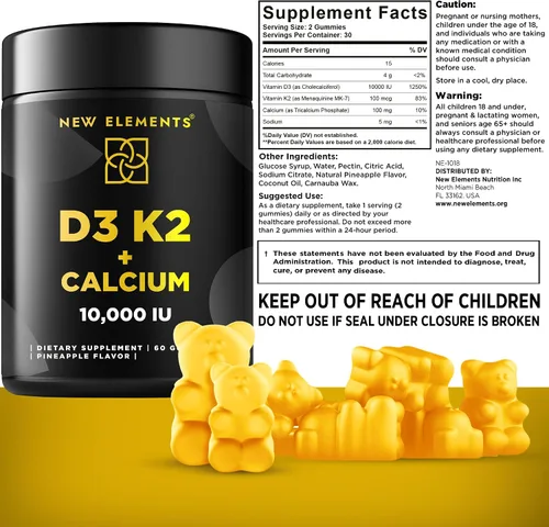 Vista 4 de New Elements Gomitas de vitamina D3 K2 de 10000 UI con calcio 100 mg - VIT D3 para adultos - Vitamina K2 Mk7 100mcg - Suplemento de vitamina D