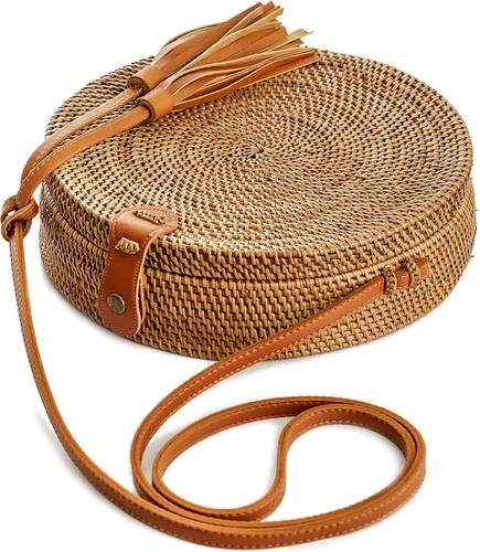 Vista 3 de Bolsas de ratán para mujer hechas a mano tejido de mimbre bolso de mano con forma de círculo estilo bohemio