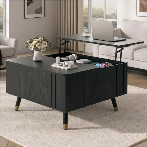 Vista 18 de JOINICE Mesa auxiliar ovalada de 42.5 pulgadas con almacenamiento, moderna mesa central negra con diseño estriado, patas de madera maciza