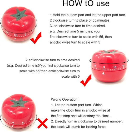 Vista 3 de yueton Temporizador de tomate mecánico manual -Ring Alarm Temporizador de cocina para estudio de cocina, gimnasio, reloj de cuenta regresiva rojo