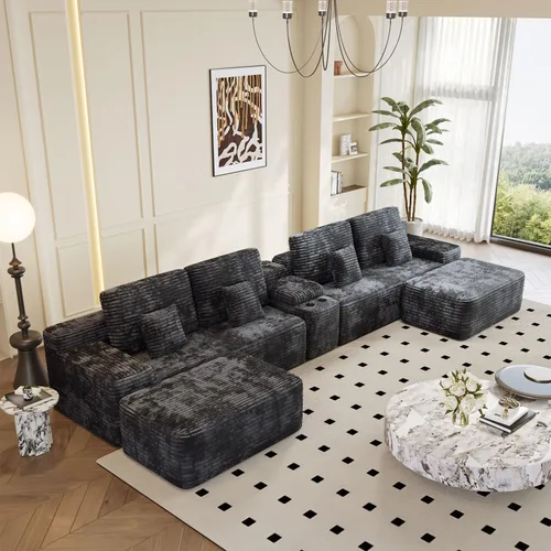 Vista 4 de KEIKI 150" Sofá seccional modular de gamuza en forma de U extragrande con 2 otomanos y consola multifuncional, sofá tapizado de 6 plazas con USB y 2