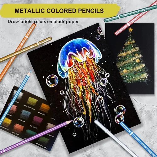 Vista 5 de KALOUR 50 lápices de colores metálicos para adultos, núcleo suave con colores vibrantes, ideales para dibujar, mezclar, bocetos, sombreado, lápices