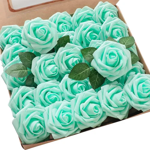 Vista 38 de Floroom Flores artificiales, 25 piezas de rosas falsas de espuma dorada antigua de aspecto real con tallos para ramos de boda DIY, centros de mesa