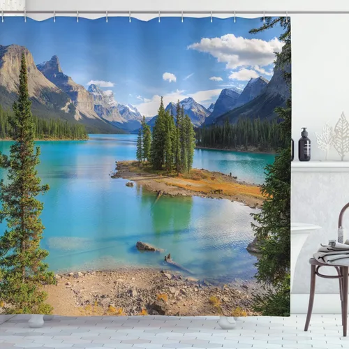 Vista 60 de Ambesonne Decor Collection, juego de cortina con ganchos para regadera Amarillo y marrón