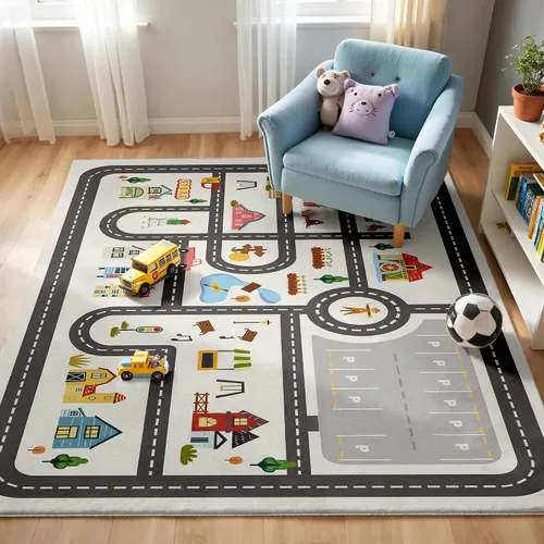 Vista 7 de Alfombra de Juego Redonda de 3.3 pies para Niños con Carreteras de la Ciudad - Alfombra de Lana Sintética Antideslizante con Diseño Interactivo