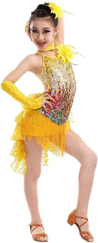 Vista 3 de Happy Cherry Trajes de baile de lentejuelas para niñas, trajes de baile de salsa latina