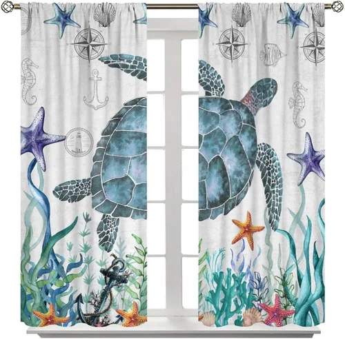 Vista 81 de Cortinas de decoración de playa con océano azul, peces náuticos costeros playeros de verano, conchas marinas, temática infantil, dormitorio, sala