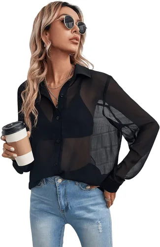 Vista 4 de Floerns Blusa de manga corta con botones de malla transparente para mujer