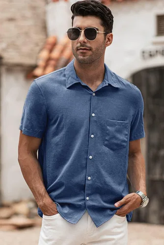 Vista 133 de JMIERR Camisas de vestir a rayas con botones y manga corta para hombre