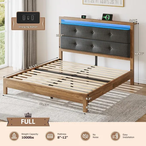 Vista 2 de EnHomee Base de cama de tamaño matrimonial con carga USB y tipo C y luces LED, cabecera de almacenamiento tapizada, cama de plataforma de madera