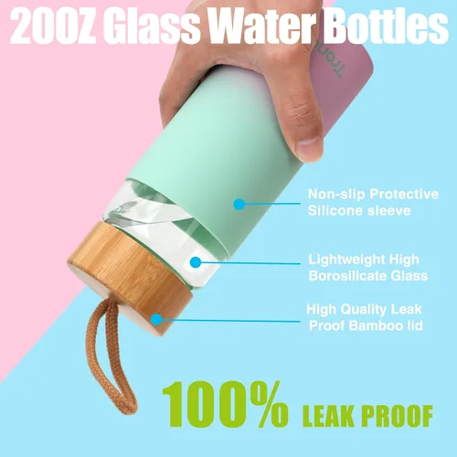 Vista 3 de Tronco Botellas de agua de vidrio de 20 onzas con tapas, botellas de vidrio de borosilicato reutilizables con tapa de bambú y funda de silicona