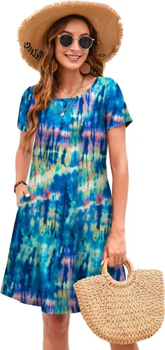 Vista 2 de Sherosa - Vestido de verano sin mangas o con manga corta, estampado floral, con bolsillos, casual, suelto, con vuelo, vestido estilo camiseta