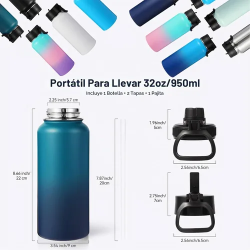 Vista 2 de Neihepal Botellas de agua aisladas de 32 onzas con 2 tapas (tapa con popote y boquilla), botella de agua de doble pared de acero inoxidable 18/8