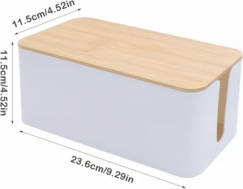 Vista 2 de Caja de ordenamiento de cables blanco con tapa de bambú, organizador de cables, caja de gestión de cables para ocultar cables y enchufes