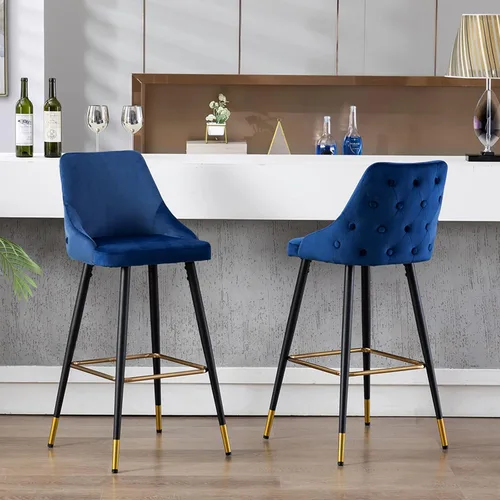 Vista 2 de DUHOME Juego de 2 taburetes de bar con botones de terciopelo, modernos taburetes de bar de 30 pulgadas con respaldo y base dorada para cocina, Azul