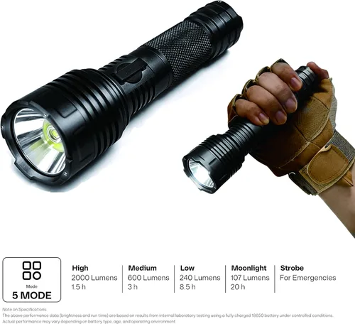 Vista 3 de Linterna táctica recargable de 2000 lúmenes con interruptor de cola, LED SST40, haz de punto e inundación, 2500 mAh, cabeza de loto con cuentas