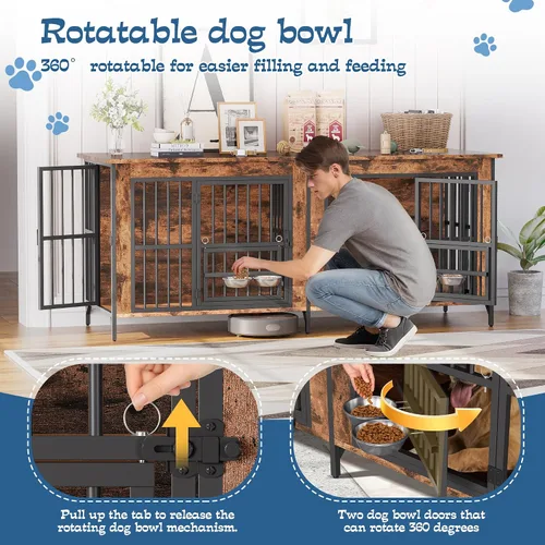Vista 3 de Grepatio Mueble de jaula para perros de 79 pulgadas para 2 perros, perrera grande con cuencos giratorios de 360°, jaulas dobles para perros con 4