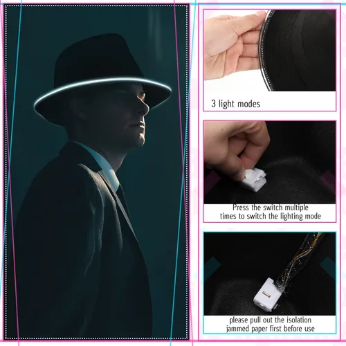 Vista 3 de 10 sombreros con luz LED a granel, sombreros de gángster de los años 20, sombreros de baile de neón para mujeres y hombres, accesorios clásicos