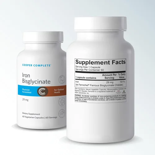 Vista 2 de Cooper Complete Bisglicinato de hierro. 29 mg por tableta. 60 cápsulas por botella. Paquete de 1