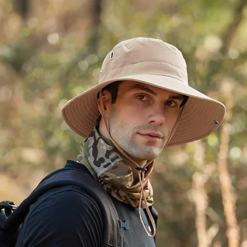 Vista 4 de Sombrero de cola de caballo para hombre, sombrero de ala ancha, protector solar al aire libre, plegable, sombrero de pesca de verano Beige