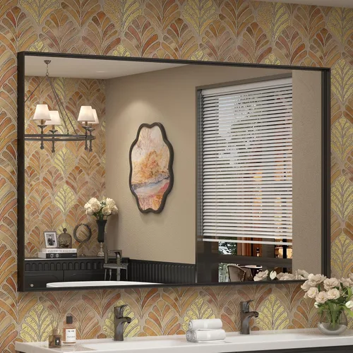 Vista 110 de Paquete de 2 espejos de baño con marco de metal negro de 22 x 30 pulgadas, espejo rectangular redondeado negro mate, antioxidante, se cuelga