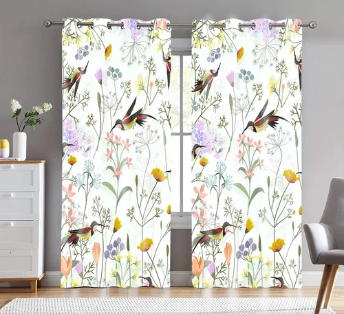 Vista 2 de CLWYMN113 - Cortina de ventana con estampado floral de pájaros en rama, con ojales, para oscurecer la habitación, para habitación, sala de estar
