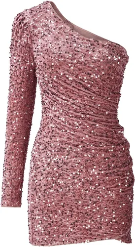 Vista 4 de Oplxuo Vestidos de fiesta sexy con lentejuelas para mujer, un hombro, manga larga, fruncido, entallado, mini vestido de cóctel, club, vestidos