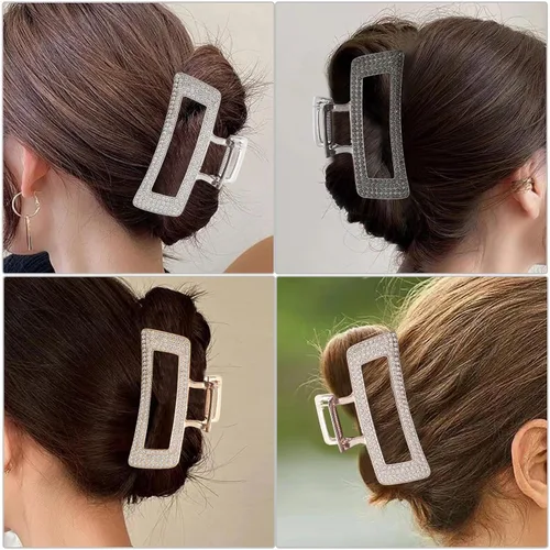 Vista 4 de WORTL Pinzas grandes de metal cuadradas de 3.5 pulgadas, paquete de 4 abrazaderas de pelo de diamantes de imitación para mujeres y más delgadas